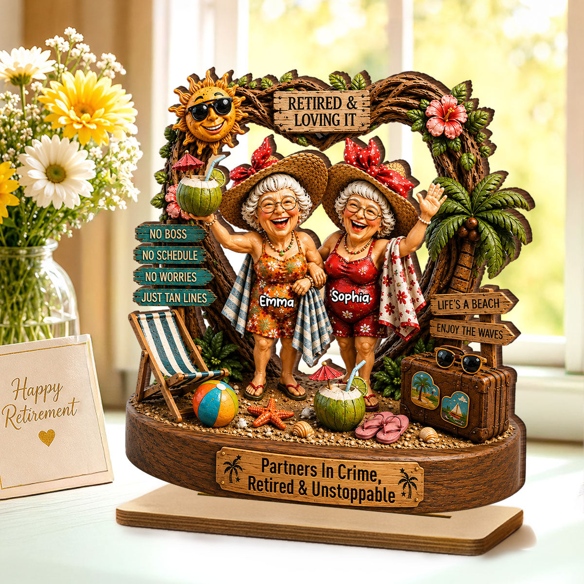 Partners In Crime Retired & Unstoppable Besties - Personalized 2-Layered Wooden Plaque - Meaningful Gift For Best Friends