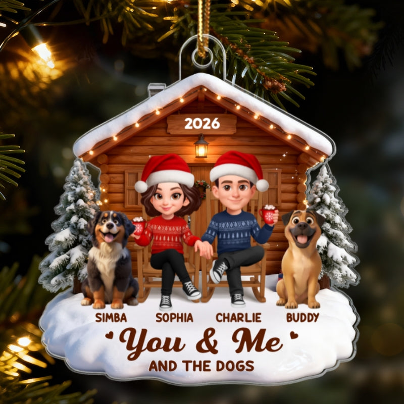 3D Effect Christmas Couple And Dog Cat Wooden Cabin - Personalized Acrylic Ornament - Heartfelt Gift For Couple