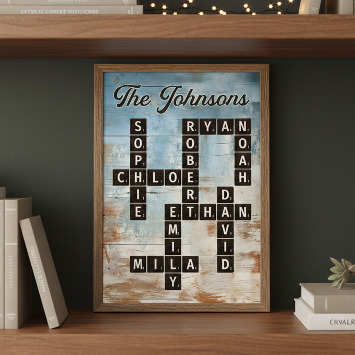 Family Crossword Puzzle Blue Rustic Wood Palette - Personalized Poster - Wall Art Home Decor