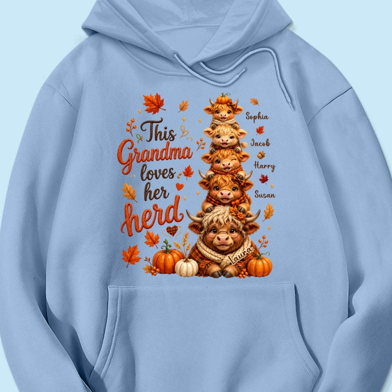 Grandma Grandkids Highland Cow Autumn - Personalized Shirt - Fall Season Gift, Gift For Grandma