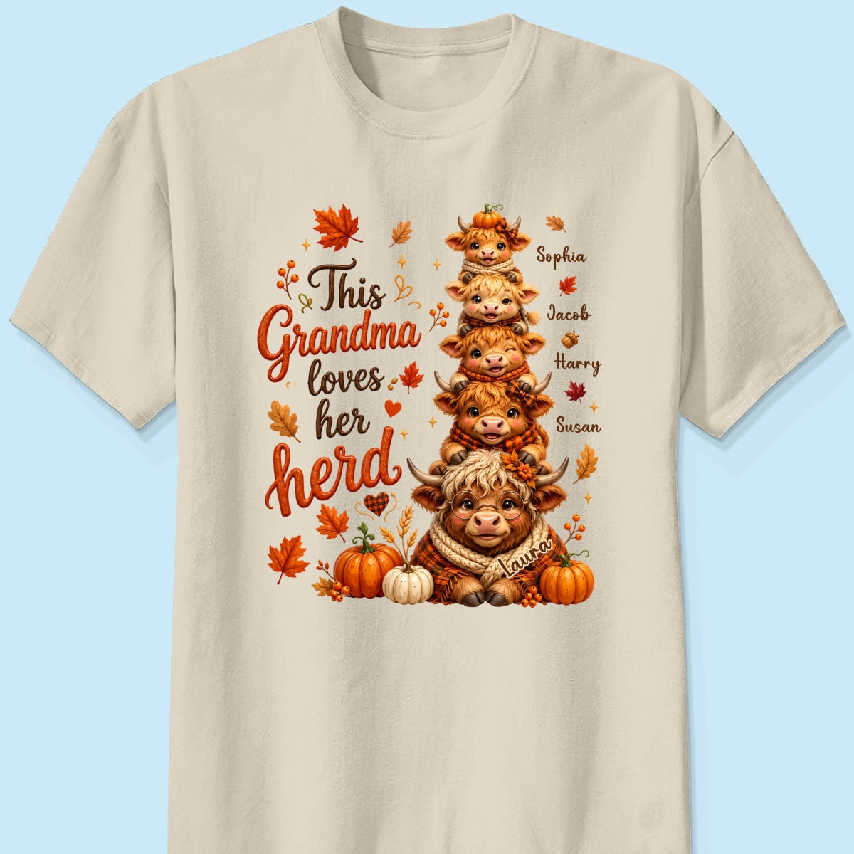 Grandma Grandkids Highland Cow Autumn - Personalized Shirt - Fall Season Gift, Gift For Grandma