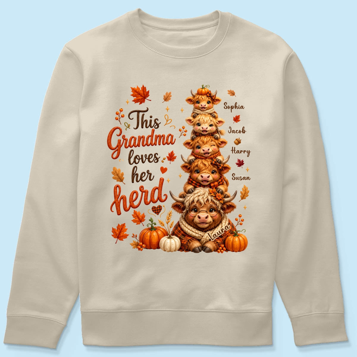 Grandma Grandkids Highland Cow Autumn - Personalized Shirt - Fall Season Gift, Gift For Grandma