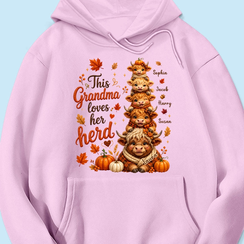 Grandma Grandkids Highland Cow Autumn - Personalized Shirt - Fall Season Gift, Gift For Grandma