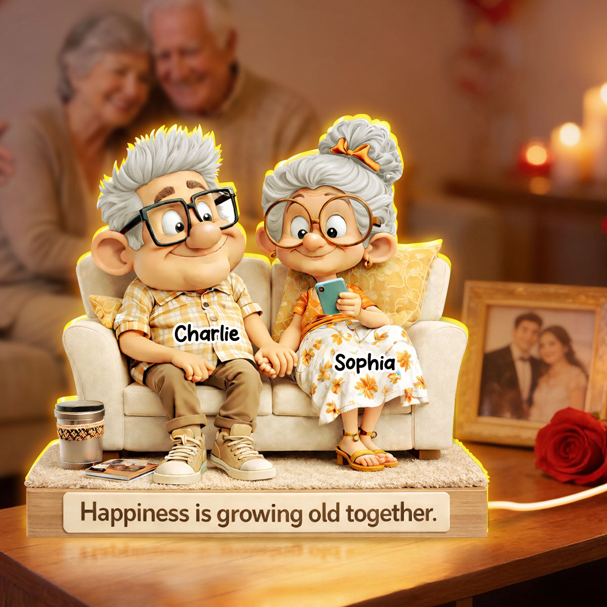 Cute Senior Couple On Couch - Personalized Light Box - Heartfelt Anniversary, Valentine's Day Gift, Gift For Him, Gift For Her