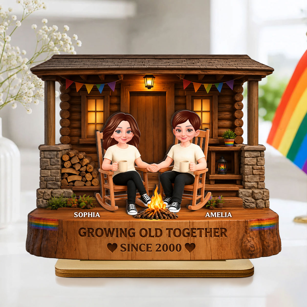 LGBT+ Couple Sitting On Front Porch - Personalized 2-Layered Wooden Plaque - Gift For Couple, Happy Pride Month