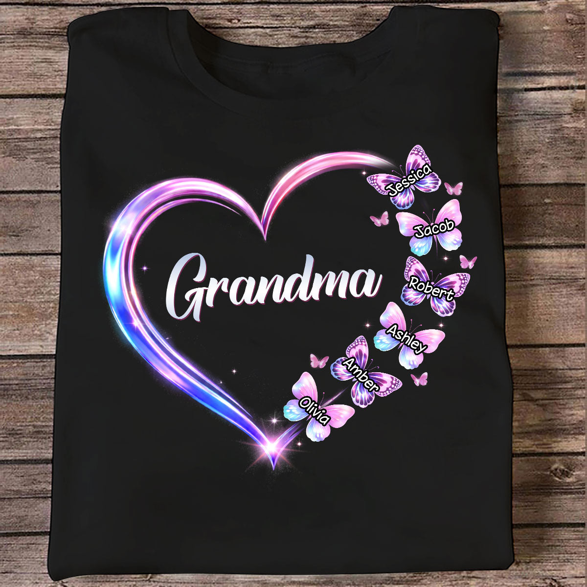 Grandma Mom Butterfly Heart with Kids' Names - Personalized Shirt - Sentimental Gift for Grandma, Mom