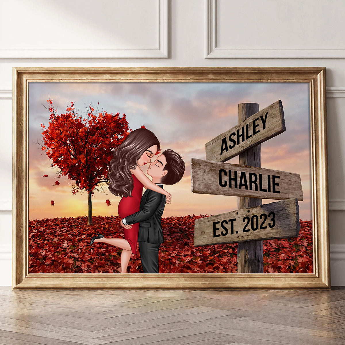 Couple Hugging Kissing Sign Post - Personalized Poster - Heartfelt Gift For Him, Her, Wife, Husband, Couple