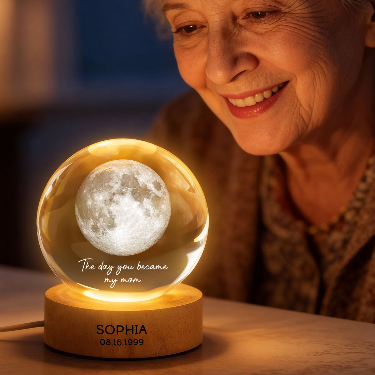 The Day You Became My Mom Engraved Wooden Base - Personalized Crystal Ball LED Night Light - Sentimental Gift for Mom