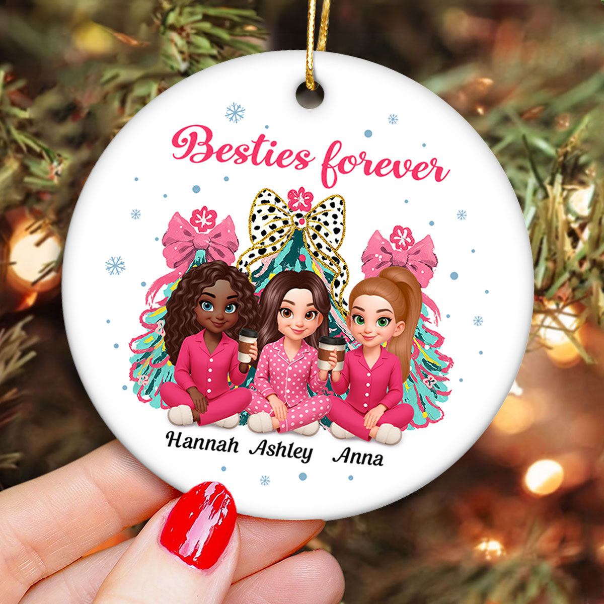 Pink Theme Coquette Christmas Tree Besties Forever - Personalized Ceramic Ornament - Christmas Gift For Best Friends