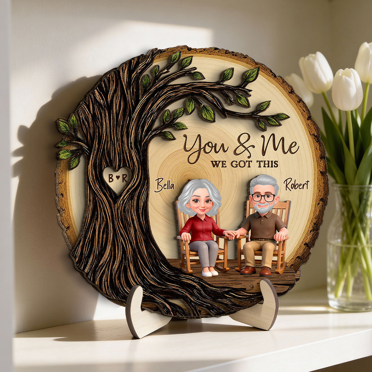 Old Couple Rocking Chair Under Heart Carved Tree - Personalized 2-Layered Wooden Plaque - Valentine's Day Gift For Couple