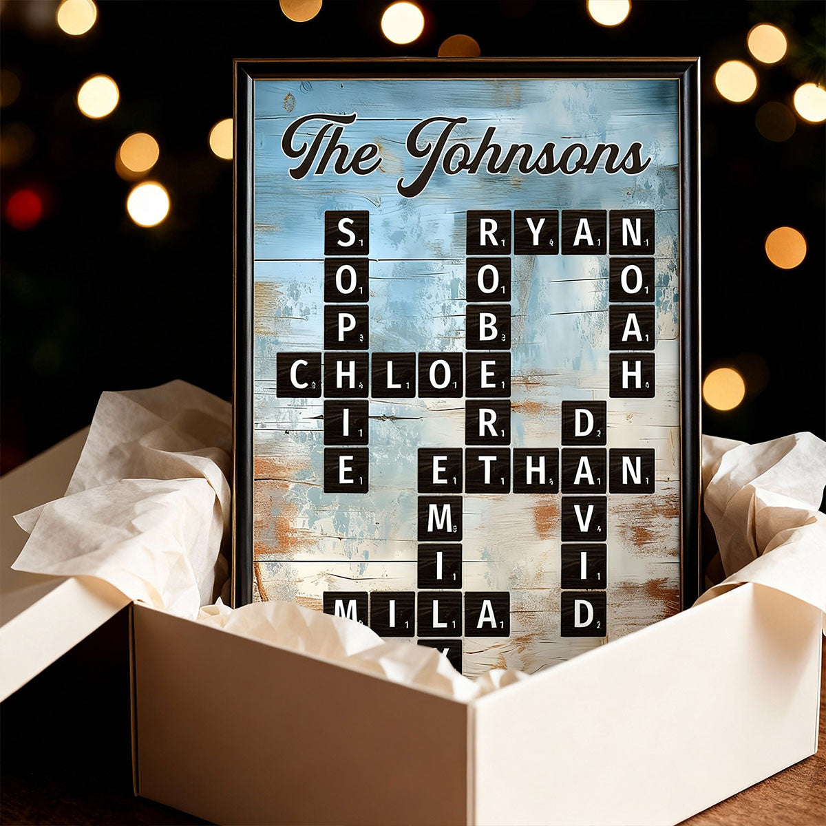 Family Crossword Puzzle Blue Rustic Wood Palette - Personalized Poster - Wall Art Home Decor