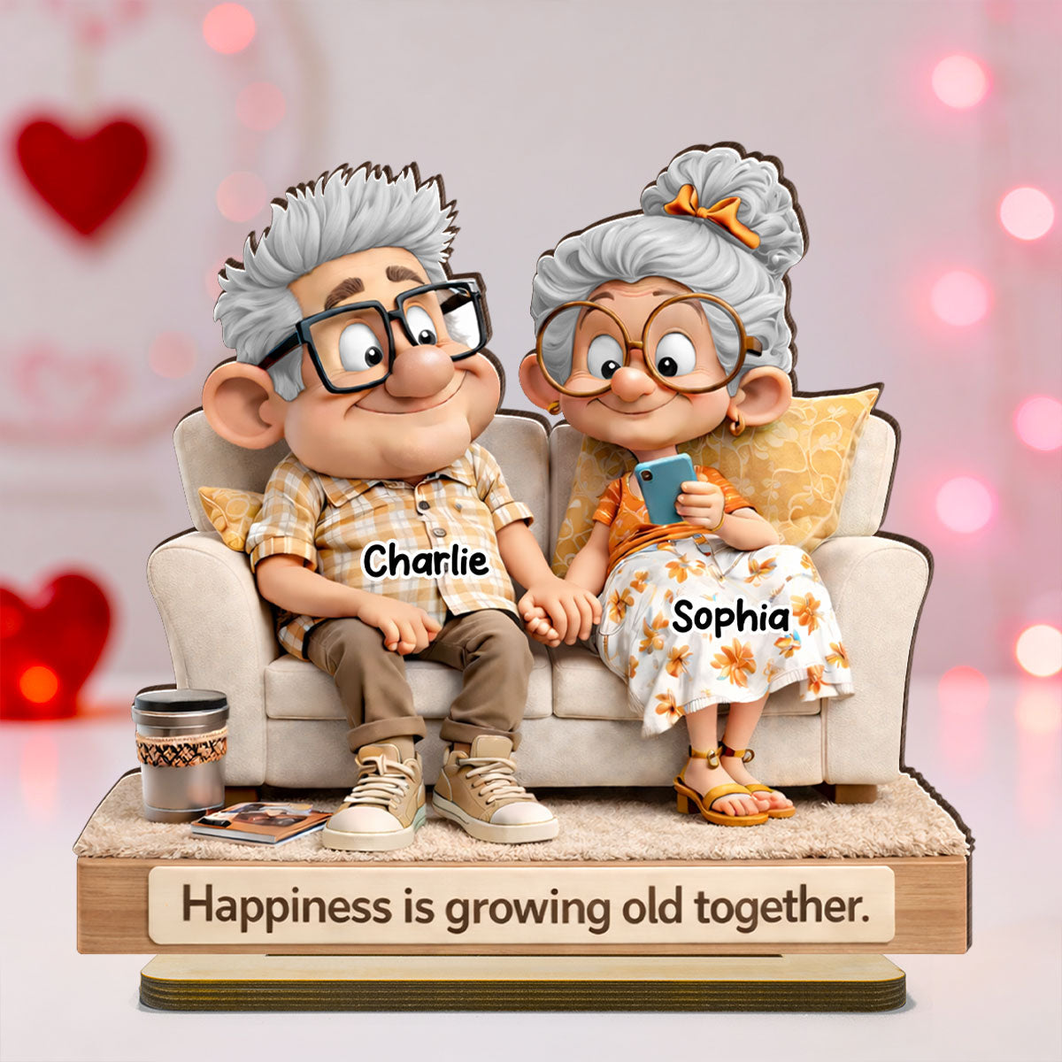 Cute Senior Couple On Couch - Personalized 2-Layered Wooden Plaque - Heartfelt Anniversary, Valentine's Day Gift, Gift For Him, Gift For Her
