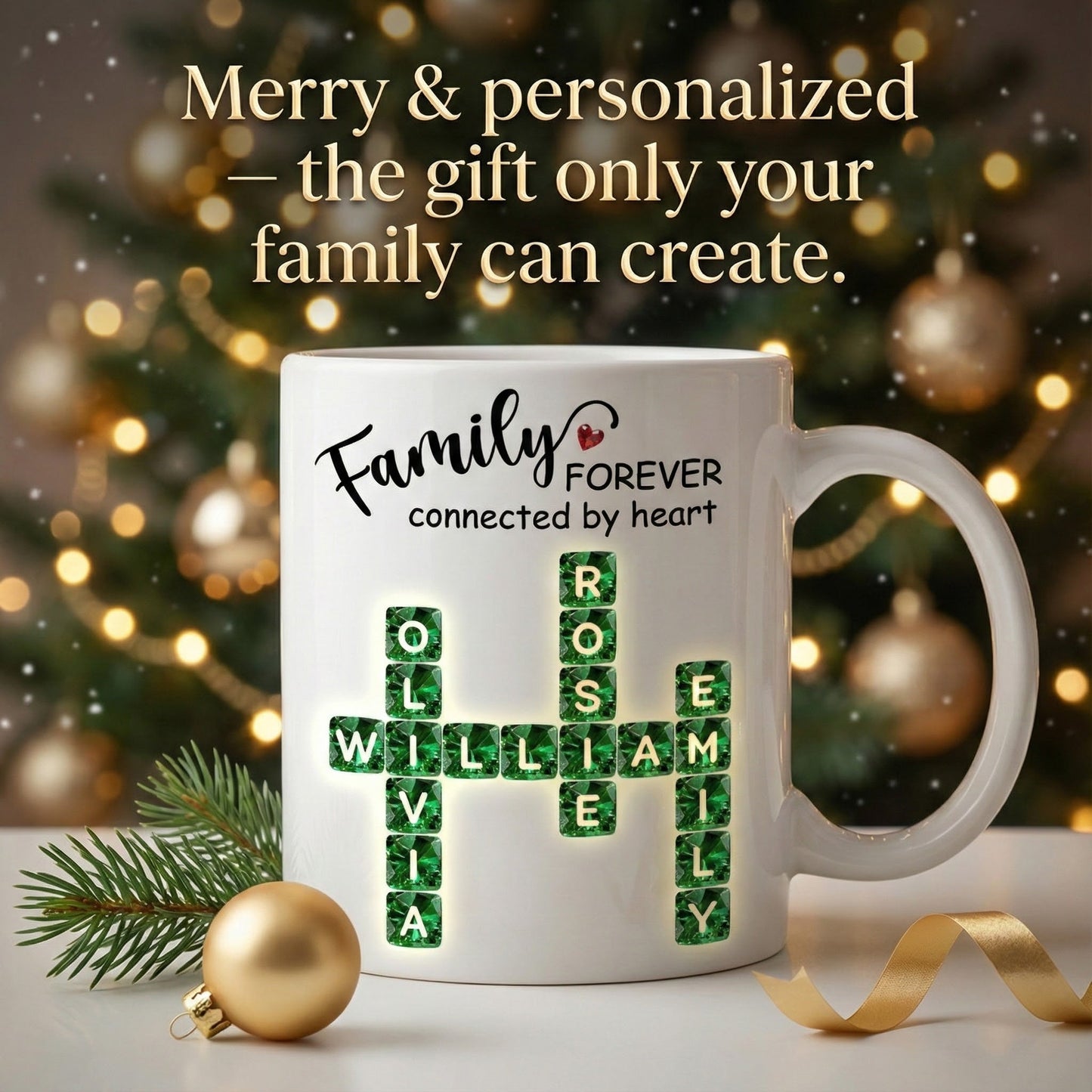 Family Forever Connected by Heart 3D Crystal Crossword - Personalized Mug - Sentimental Gift for for Loved Ones