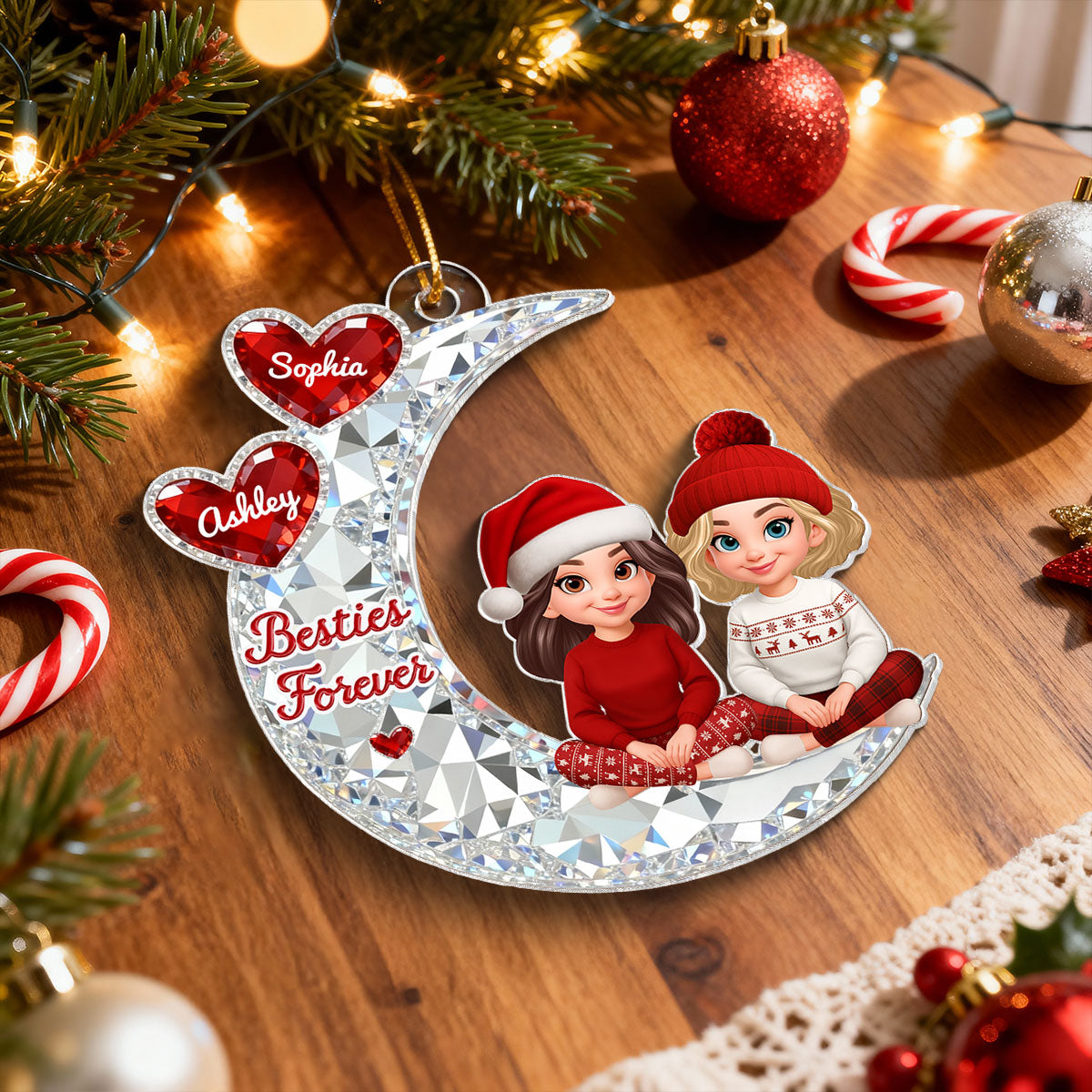 3D Shining Effect Besties Sitting On Moon - Personalized Acrylic Ornament - Gift For Best Friends, Matching Ornaments For Group Of Besties