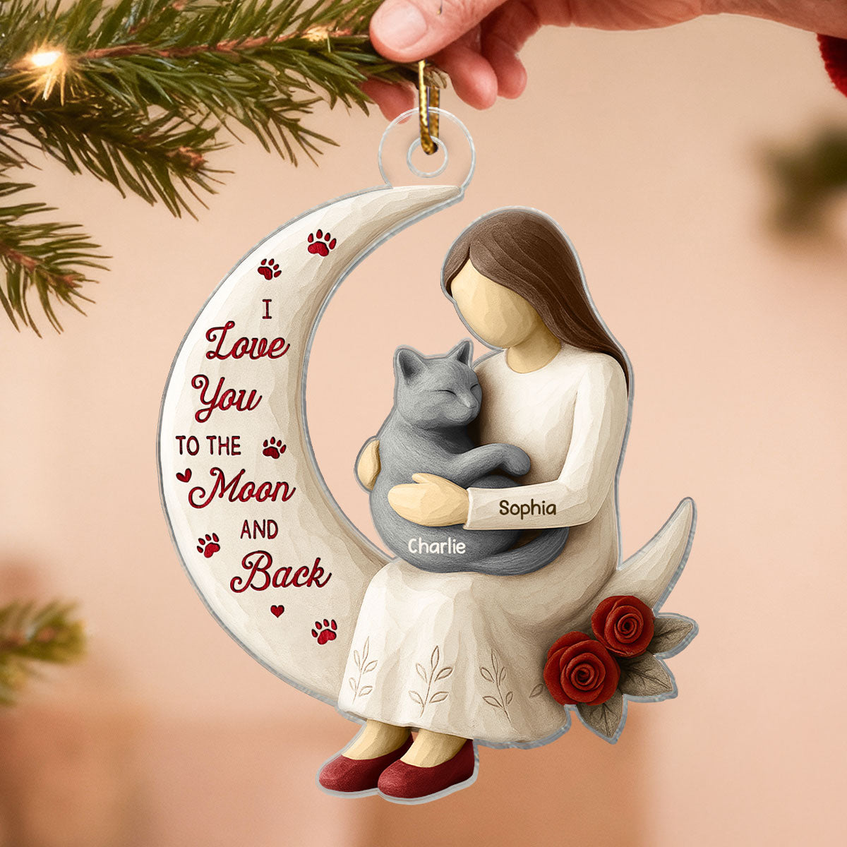 3D Effect Roses Wooden Texture Cat Mom On Moon - Personalized Acrylic Ornament - Christmas Gift For Cat Mom