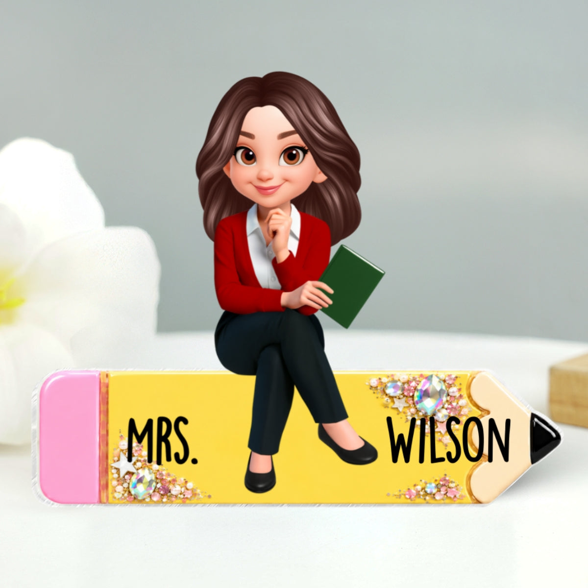 Teacher Sitting On Beautiful Pencil - Personalized Acrylic Block Plaque - Back To School Gift For Teacher, Classroom Decor