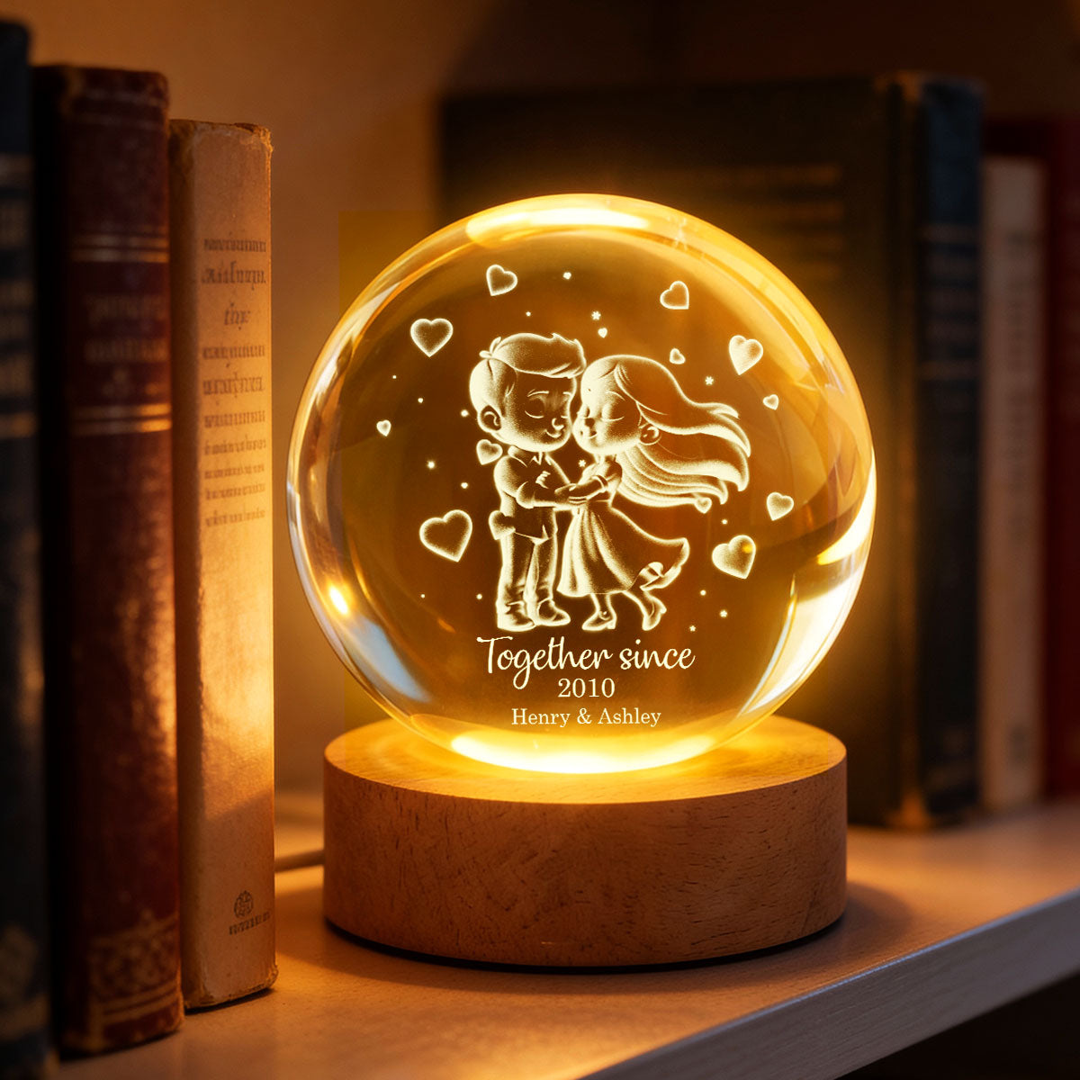 Loving Chibi Couple - Personalized Crystal Ball LED Night Light - Sentimental Valentine's Day Gift for Her, for Him