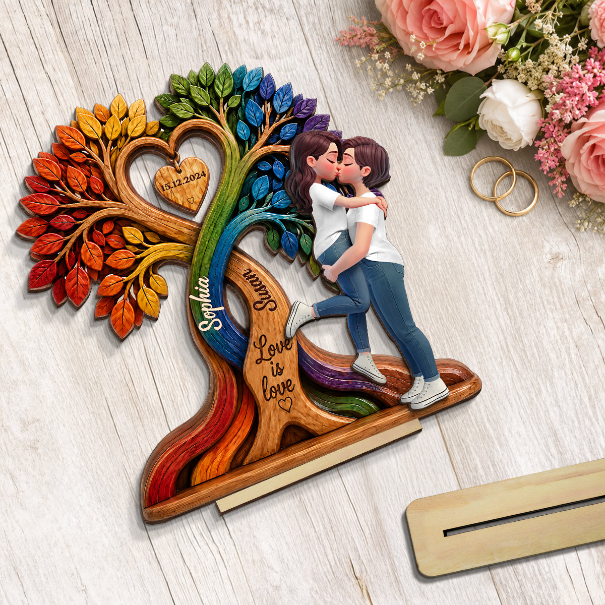 LGBT Couple Kissing Under Tree - Personalized 2-Layered Wooden Plaque - Heartfelt Gift for Her, Gift for Him