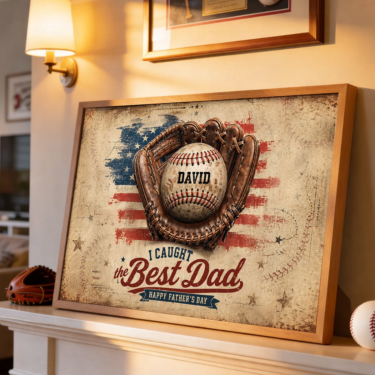 American Flag Baseball We Caught the Best Dad - Personalized Poster - Father's Day Gift for Dad, Husband