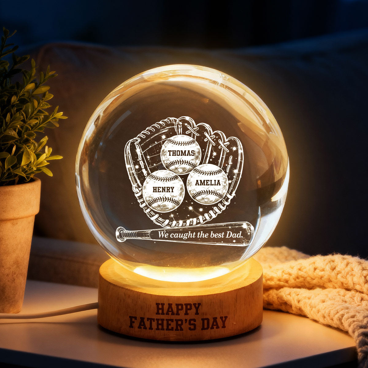 Happy  Baseball Dad - Personalized Crystal Ball LED Night Light -  Gift for Dad, Husband