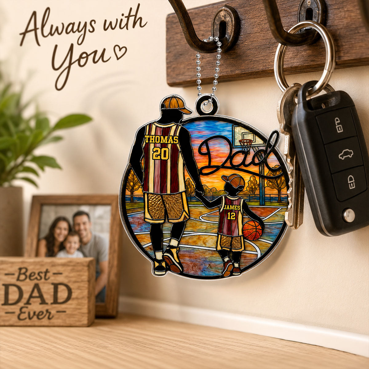 Basketball Dad & Kids 2D Flat - Personalized Acrylic Car Ornament - Father's Day Gift For Basketball Dad