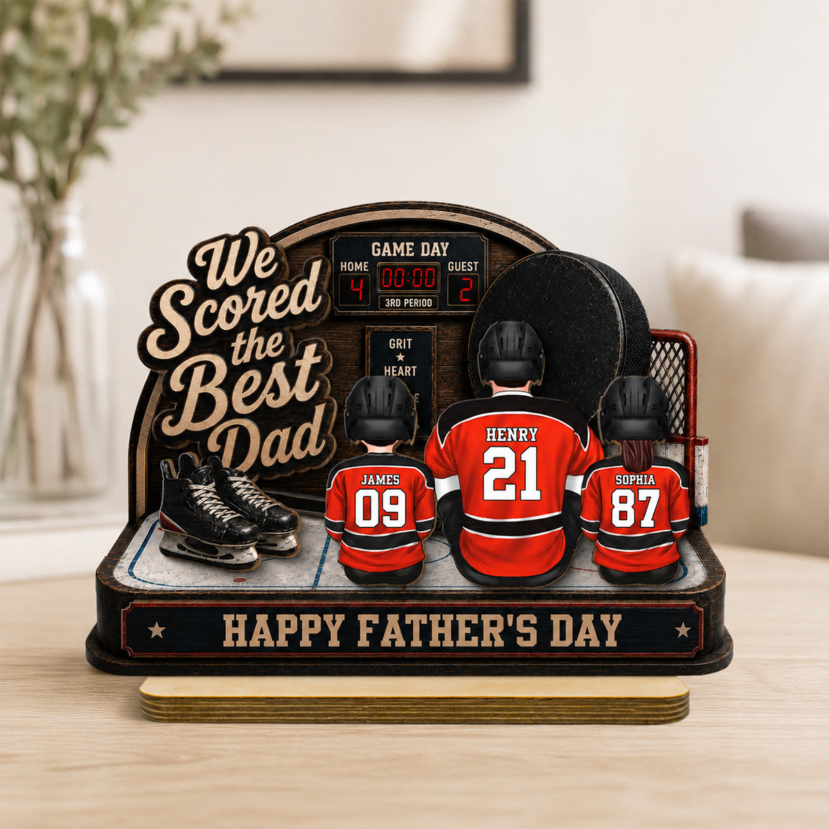 Hockey Dad & Kids Sitting On Court 2D Flat - Personalized 2-Layered Wooden Plaque -  Gift For Hockey Dad