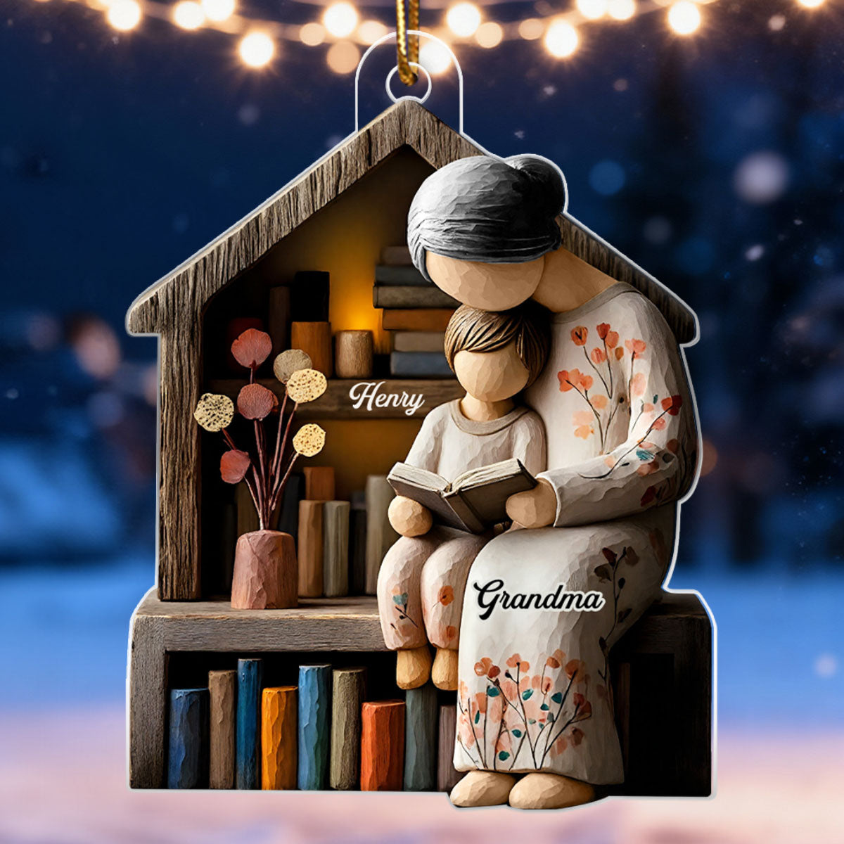 3D Effect Wooden Grandma Grandkid Reading Book - Personalized Acrylic Ornament - Heartwarming Christmas Gift For Grandma, For Family