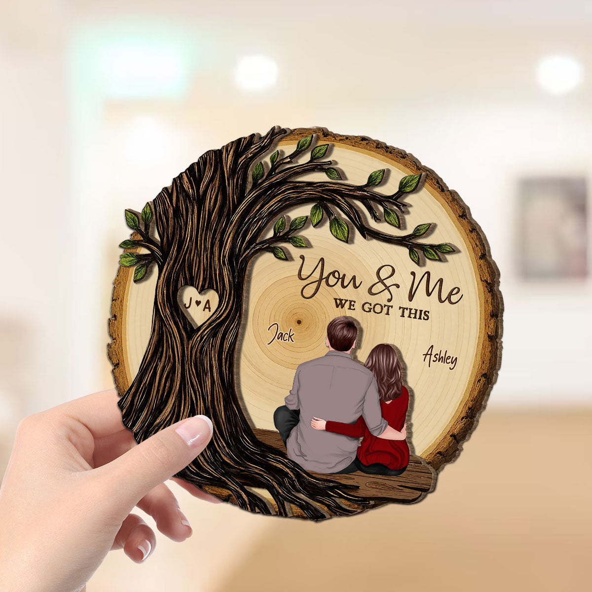 Couple Sitting Back View Under Heart Carved Tree - Personalized 2-Layered Wooden Plaque - Valentine's Day Gift For Couple