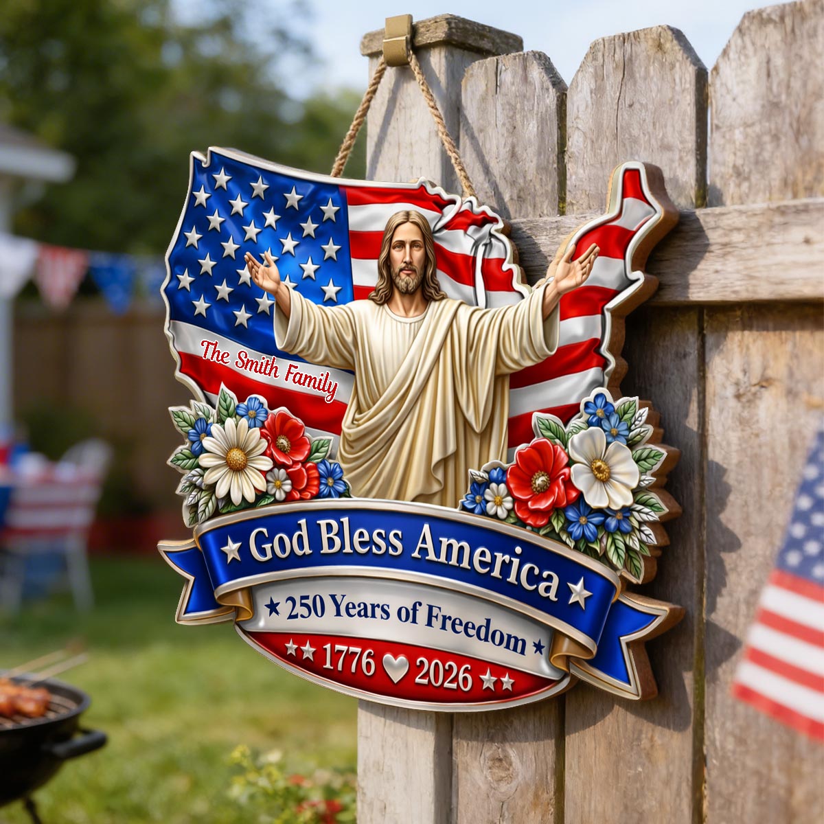 God Bless America - Personalized Wooden Sign - America 250th Anniversary, Personalized Gifts For Family