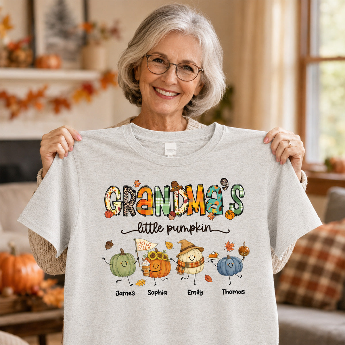 Grandma's Little Pumpkins Cute Doodle Pumpkins - Personalized Shirt - Fall Season Gift For Grandma, Mom