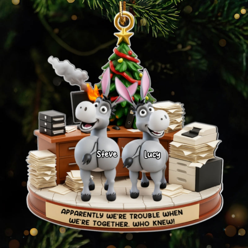 Trouble Together Donkey Coworker Office Decoration - Personalized Acrylic Ornament - Custom Employee Gift Exchange, White Elephant Gift