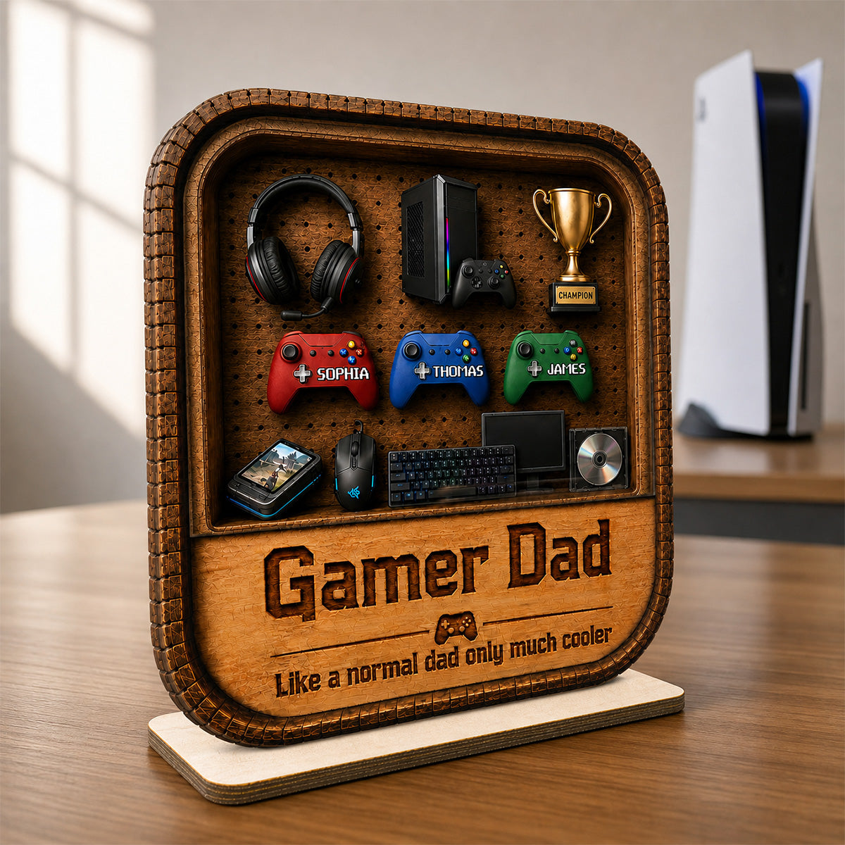 Gamer Dad Gaming Shelf Display With Kids Name 2D Flat - Personalized Wooden Plaque