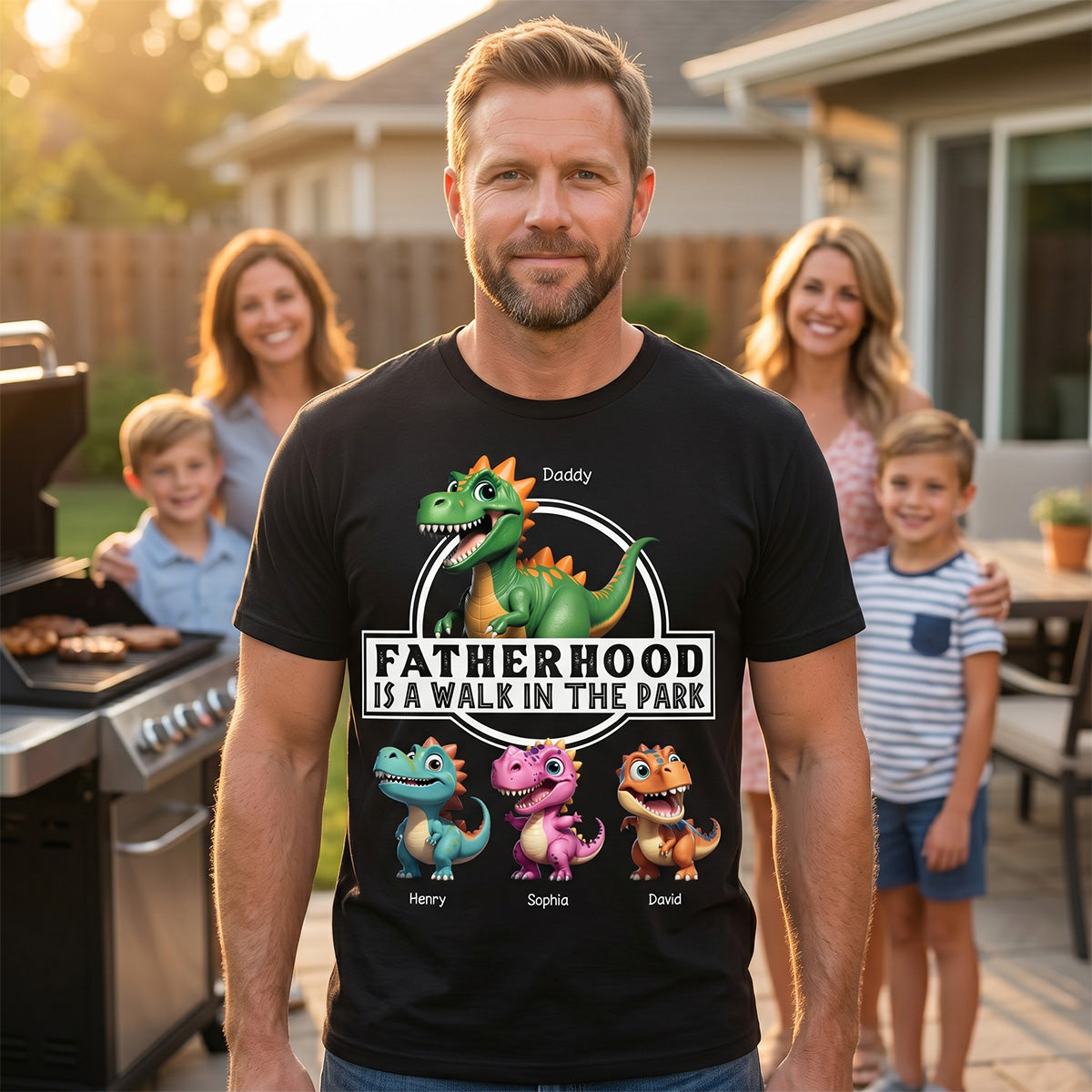 Fatherhood Is A Walk In The Park Dinosaurs Dad & Kids - Personalized Shirt - Father's Day Gift For Husband, Dad