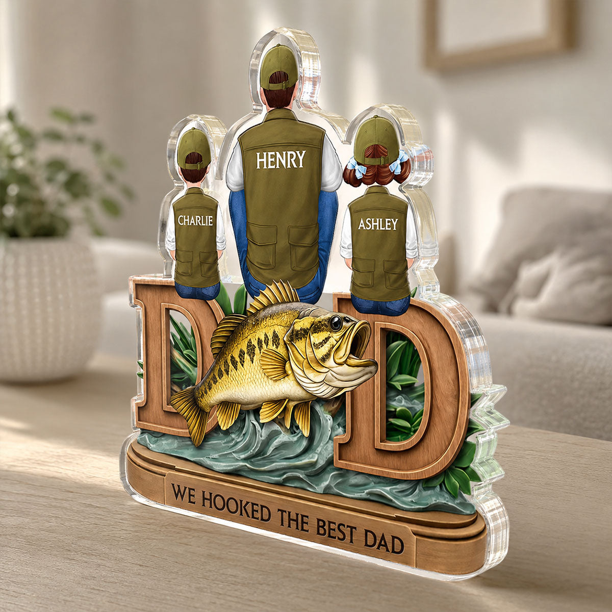 Fishing Dad And Kids Sitting Together - Personalized Acrylic Block Plaque - Heartfelt Gift For Fishing Dad, Husband