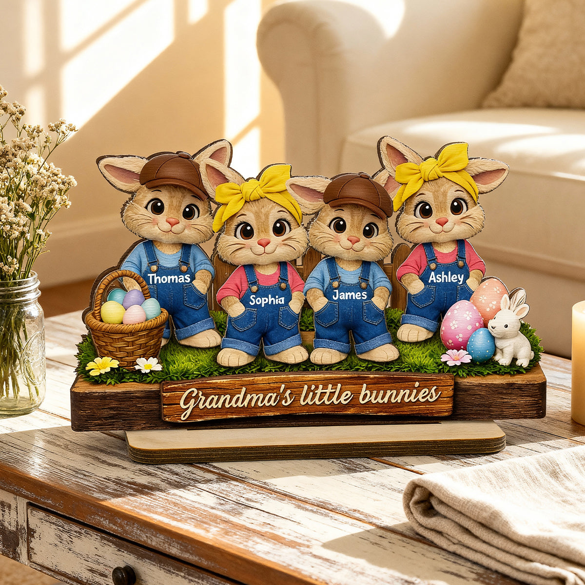 Grandma's Little Bunnies - Personalized 2-Layered Wooden Plaque - Easter Gift for Grandma, Farmhouse Tiered Tray Decor
