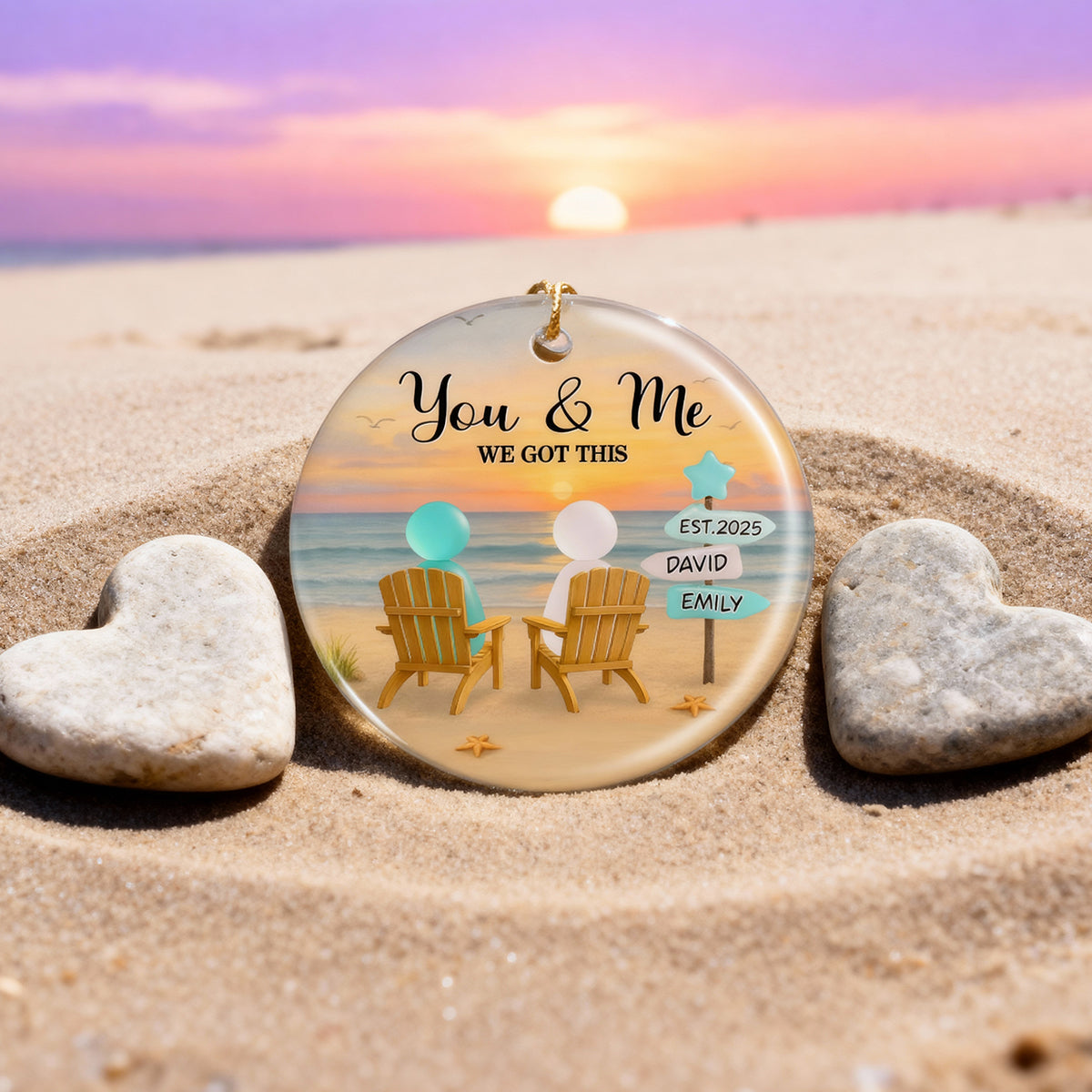 3D Effect Sea Glass Couple Romantic Beach Landscape Sign Posts - Personalized Ceramic Ornament - Heartfelt Christmas Gift For Couple