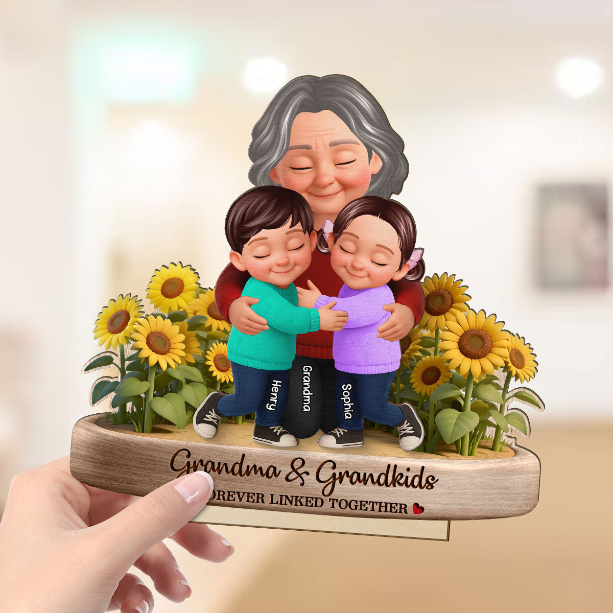 Grandma And Grandkids Forever Linked Together Sunflower Field - Personalized 2-Layered Wooden Plaque - Gift For Grandma