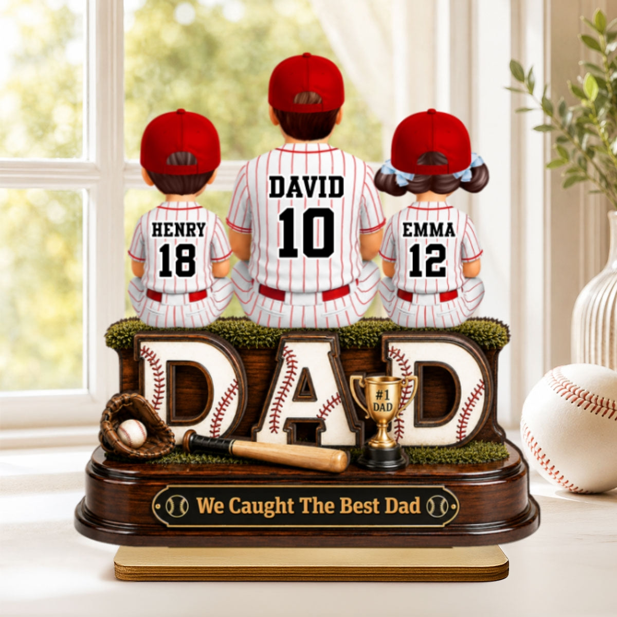 Baseball Dad and Children We Caught the Best Dad - Personalized 2-Layered Wooden Plaque -  Gift for Dad, Husband