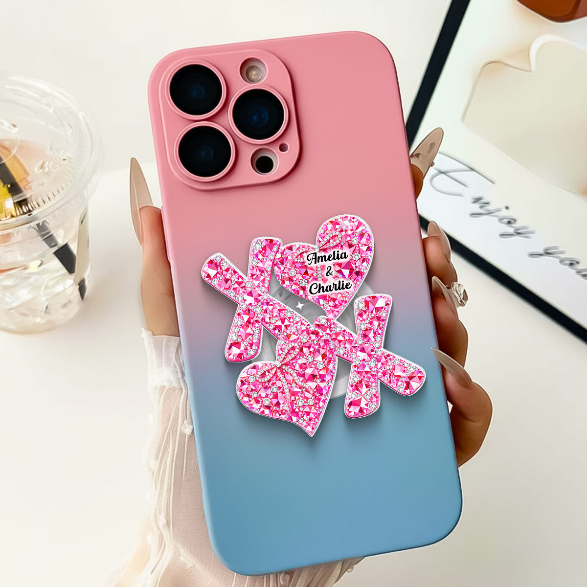 3D Effect Valentine Heart XOXO - Personalized Acrylic Magnetic Phone Grip - Anniversary, Valentine's Day Gift, Gift For Her