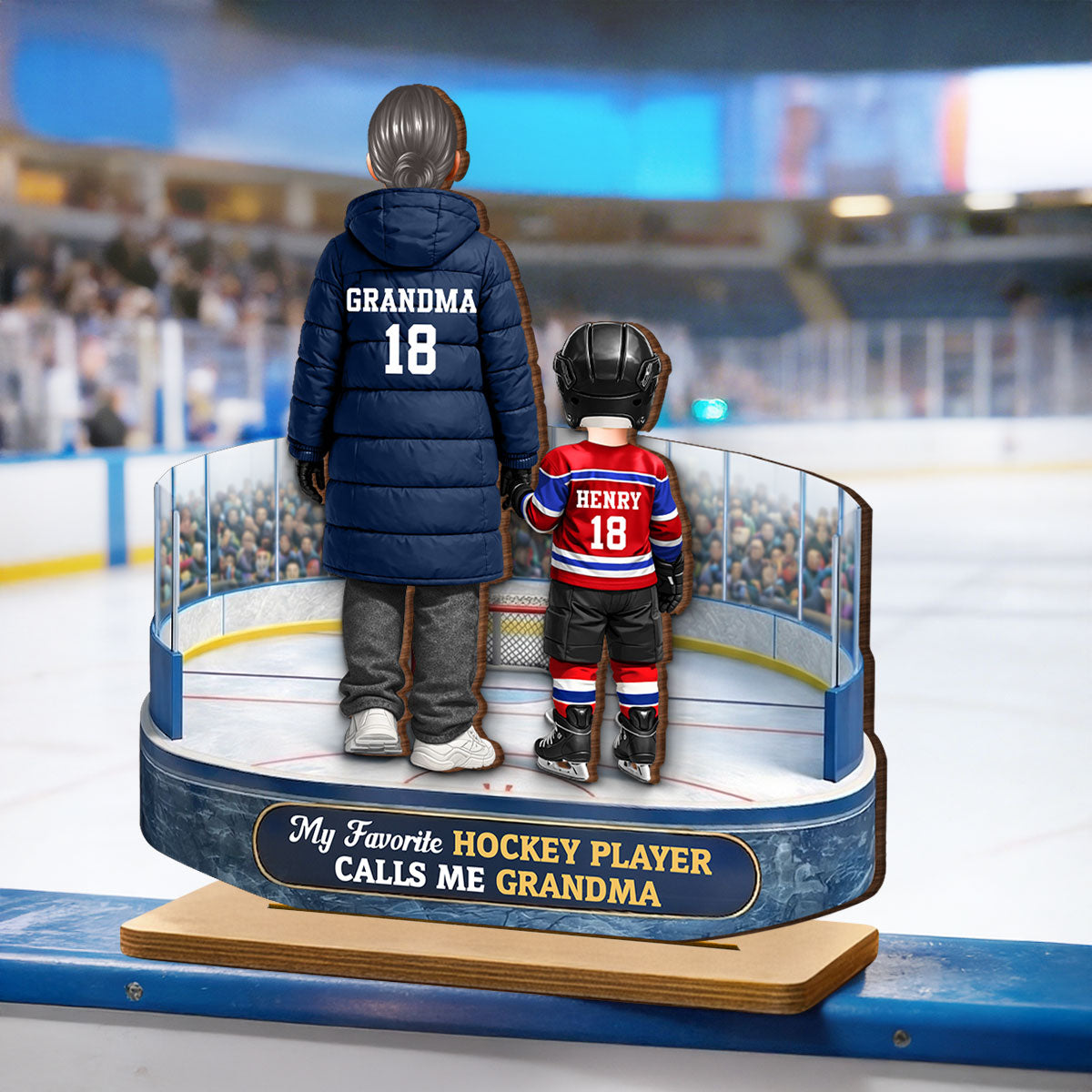 Hockey Grandma And Grandkids On The Ice - Personalized 2-Layered Wooden Plaque - Heartfelt Gift For Grandma