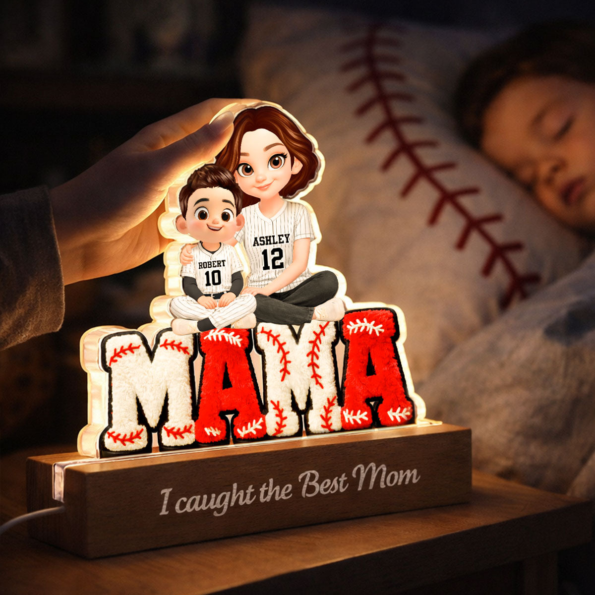 Mama Baseball And Kids - Personalized Acrylic Block LED Night Light - Heartfelt Gift For Mom, Grandma