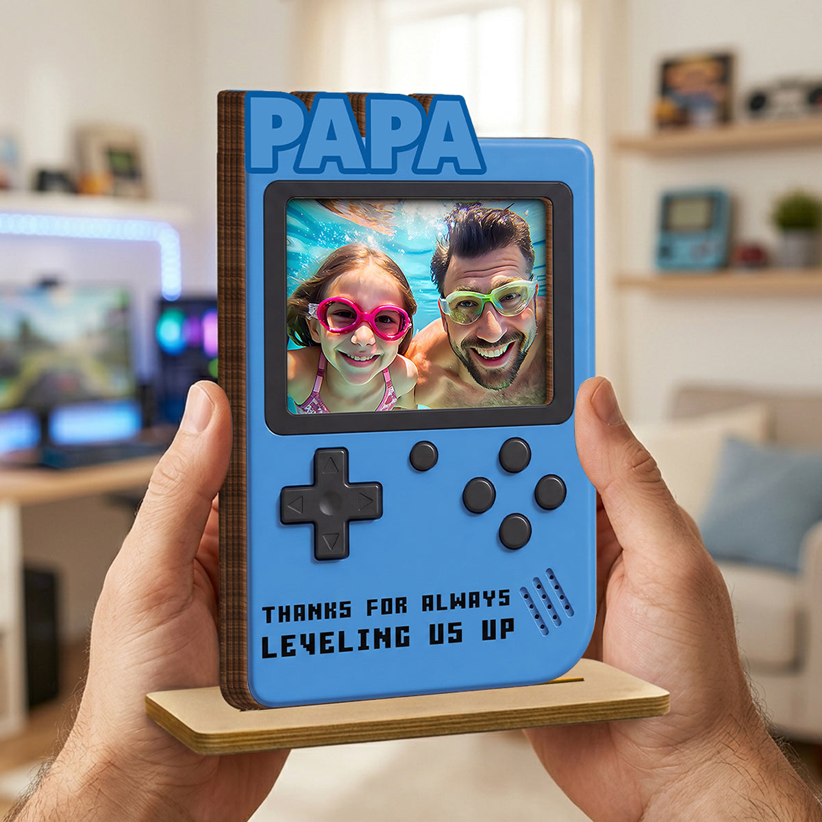 Thanks For Always Leveling Us Up Gamer Dad - Personalized 2-Layered Wooden Plaque - Heartfelt Gift For Dad, Husband