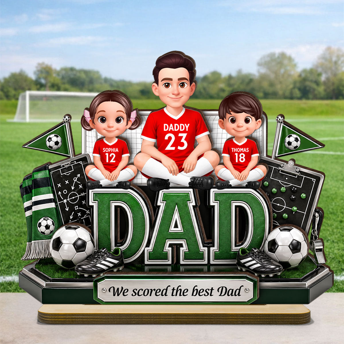 Soccer Dad Kids We Scored The Best Dad - Personalized 2-Layered Wooden Plaque - Heartfelt Gift For Soccer Dad, Gift For Husband