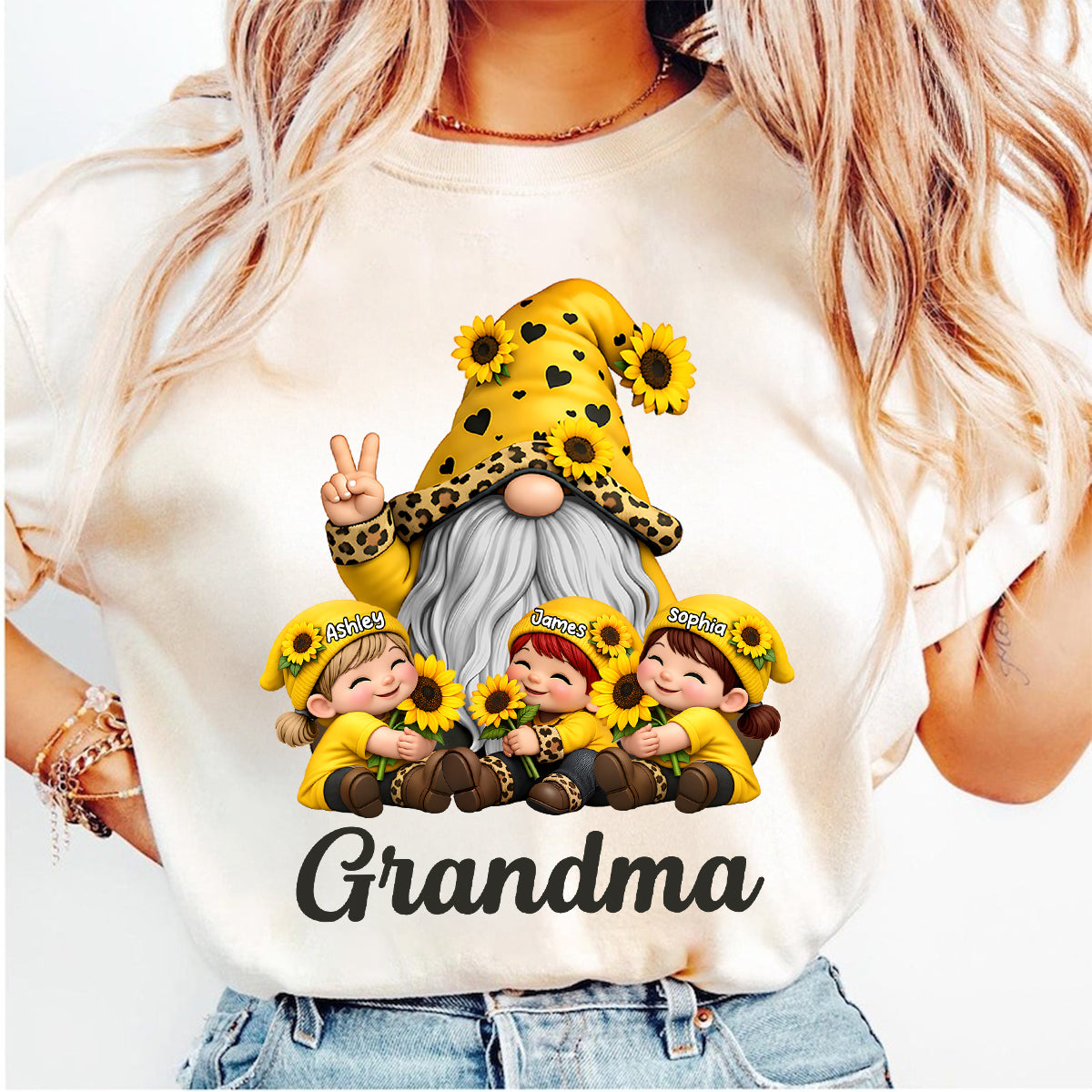 Gnome Grandma & Grandkids Sunflower - Personalized Shirt - Sentimental Gift for Grandma