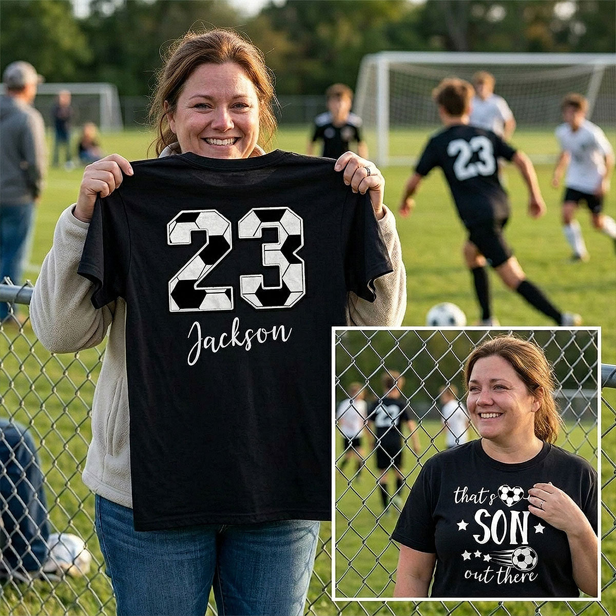 That's My Son Grandson Out There - Personalized Double Sided Shirt - Soccer Grandma Mom