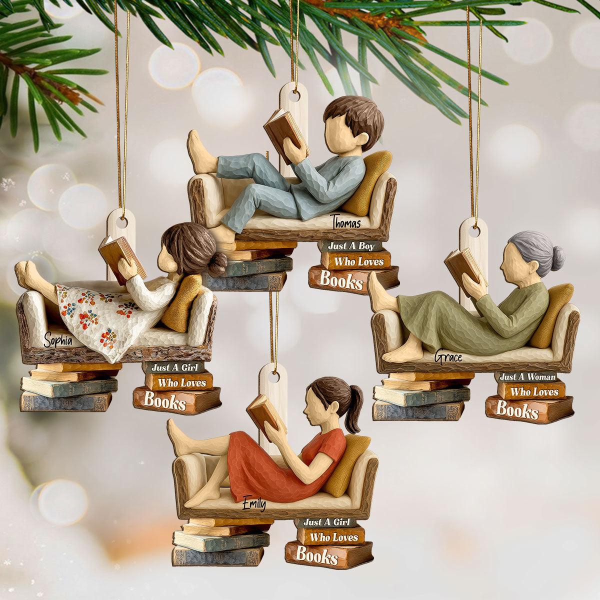 Book Lover Reading Book On Sofa 3D Effect - Personalized Wooden Ornament - Christmas Gift For Book Lover, Bookworm