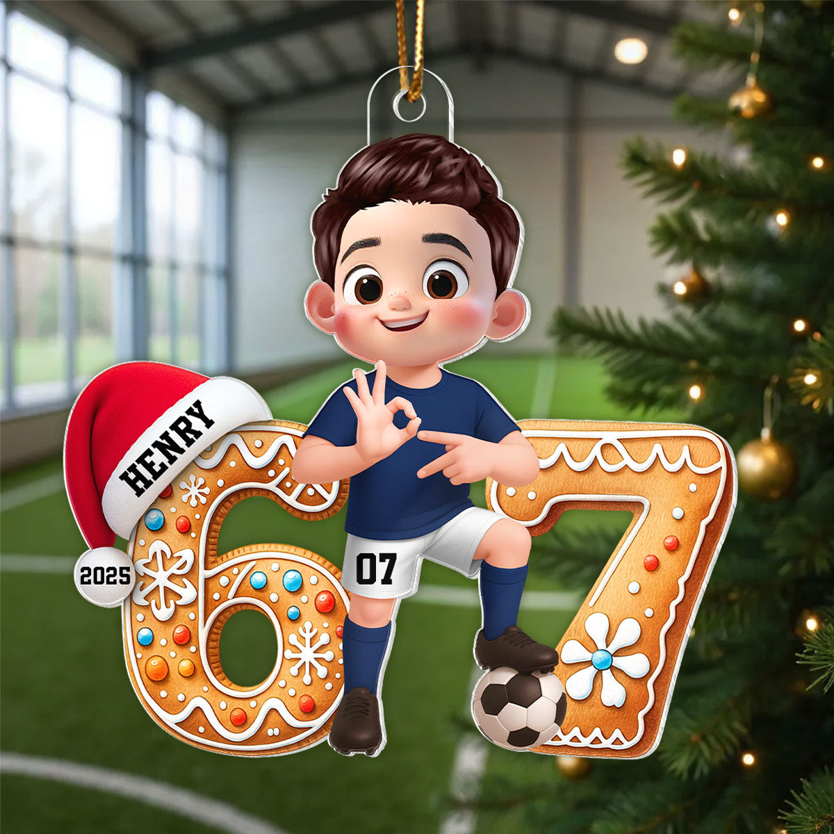Soccer Boy Girl Christmas Pattern Custom Six Seven 67 - Personalized Acrylic Ornament - Teen Slang Funny Tree Decor, Funny Teen Grandkid Gift