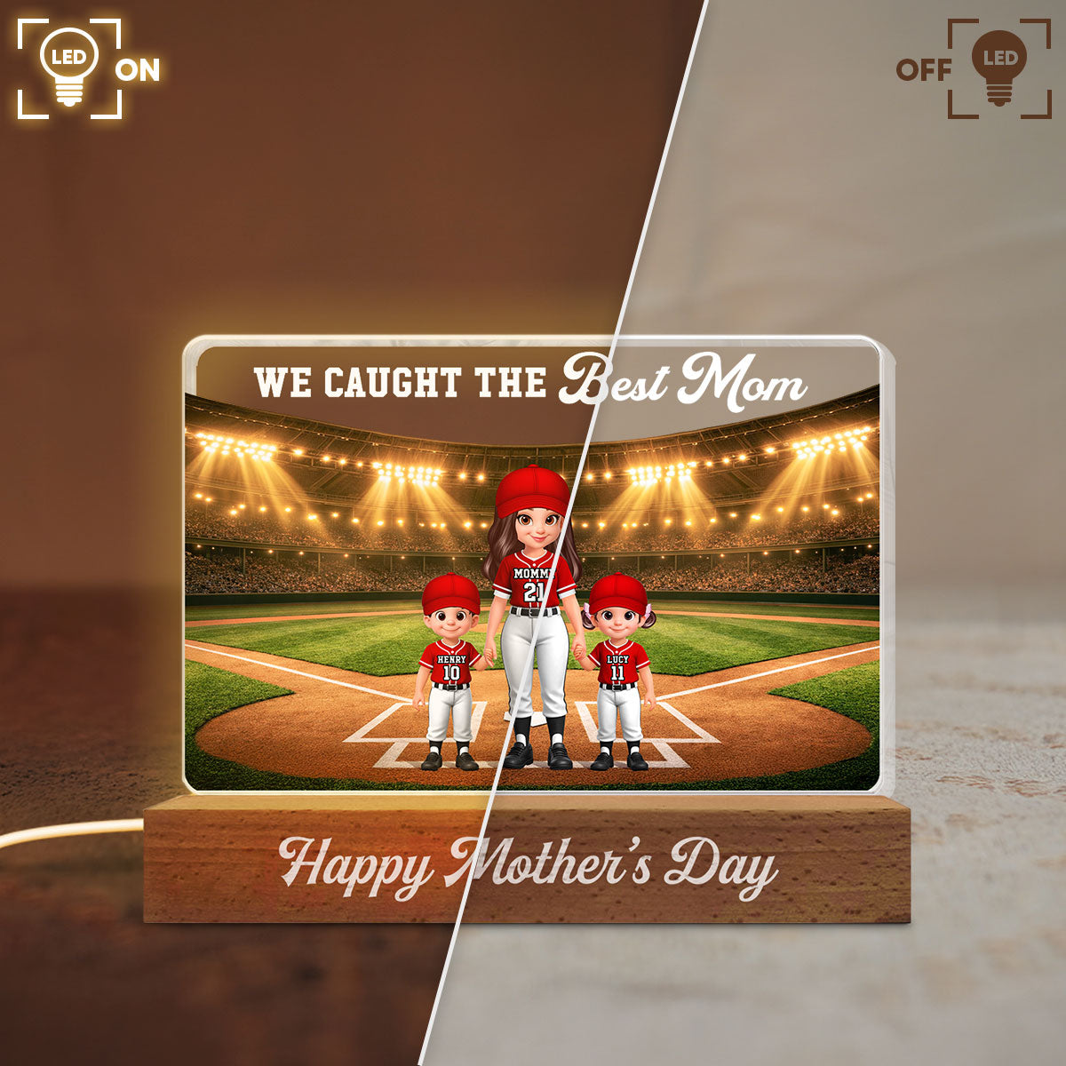 We Caught The Best Baseball Mom - Personalized Acrylic Block LED Night Light - Mother's Day Gift For Baseball Mom, Wife