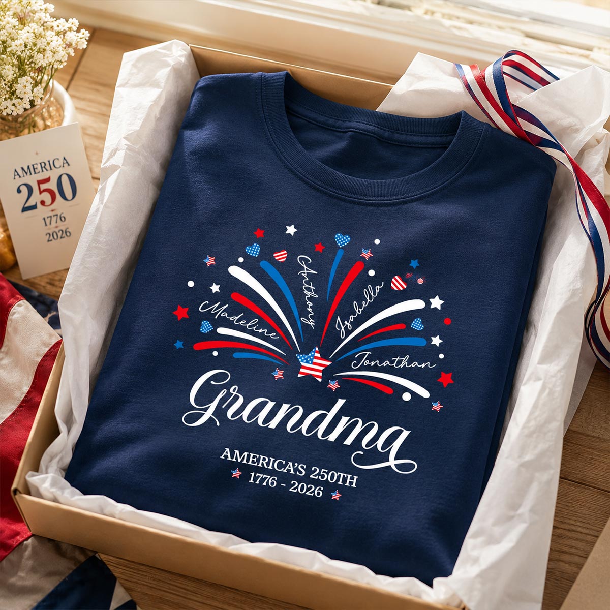 Grandma Fireworks Custom Kid Name - Personalized Shirt - American 250th Anniversary Keepsake For Grandma, Wife