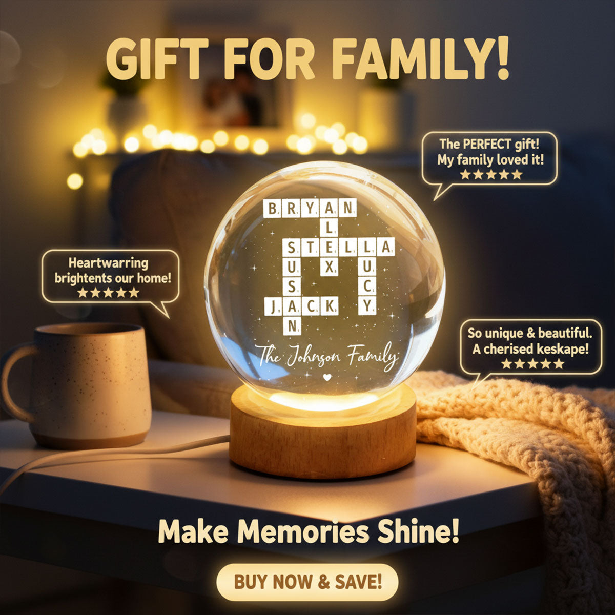 The Family Puzzle Crossword Art Home Decor - Personalized Crystal Ball LED Night Light